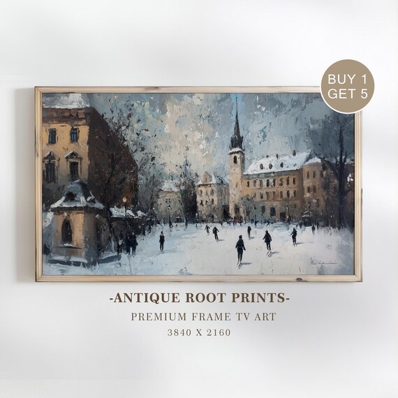 Moody Vintage Winter Town Frame Tv Art Cozy Snowy Square Impressionist Charming Decor For Rustic Homes 2