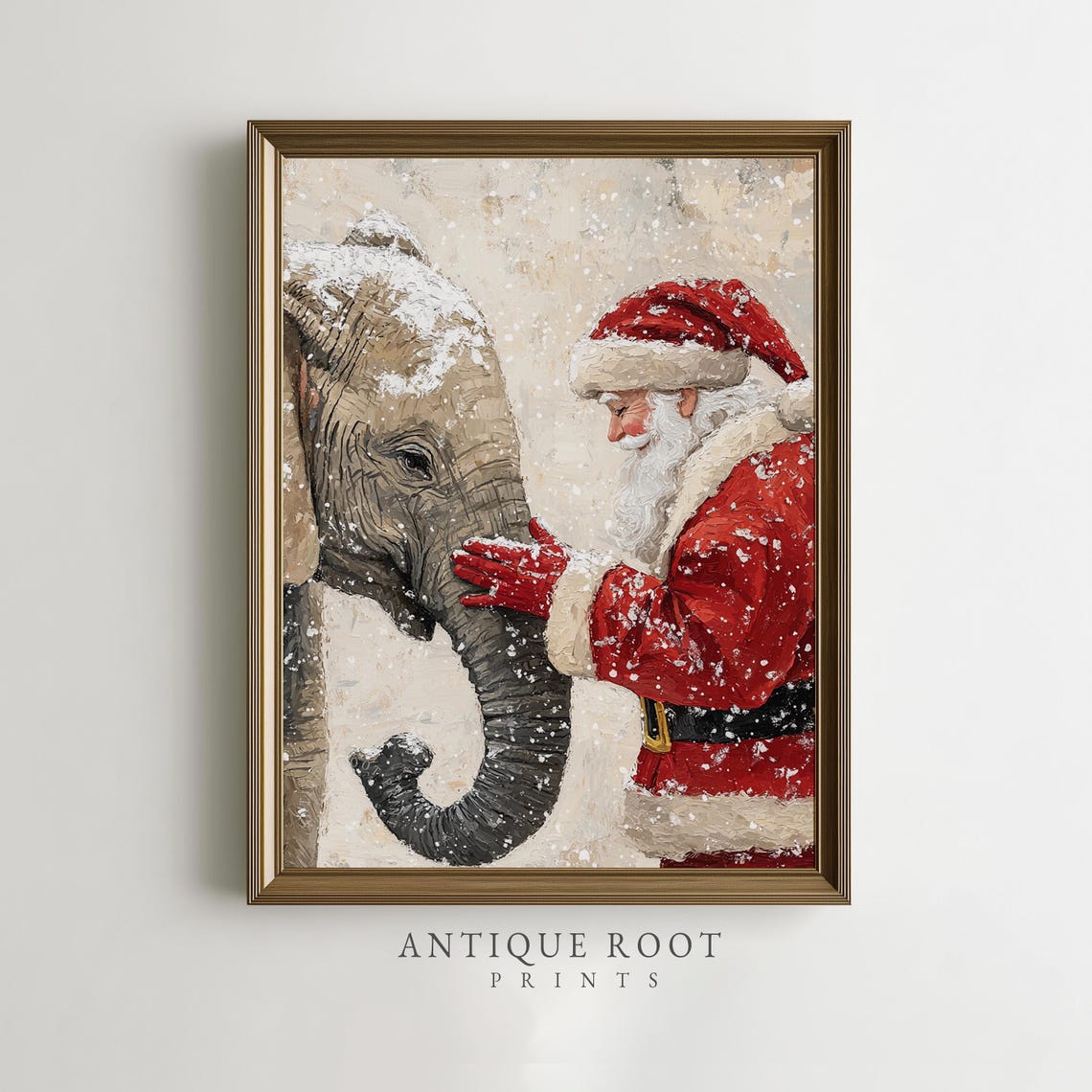 Santa Claus Gently Touching Elephant In Snow Christmas Holiday Poster