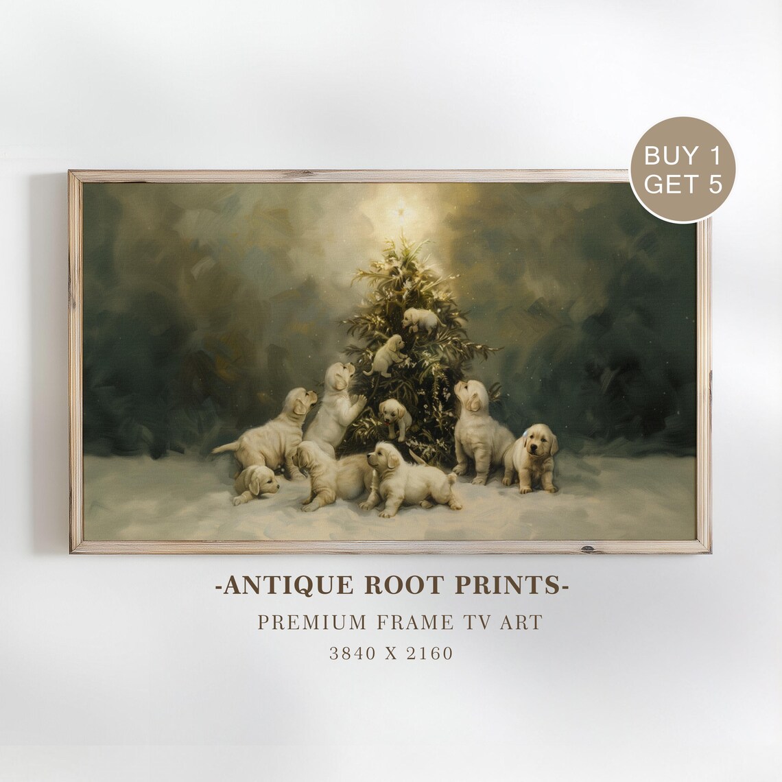 Golden Puppies Around Christmas Tree Snowy Vintage Holiday Poster