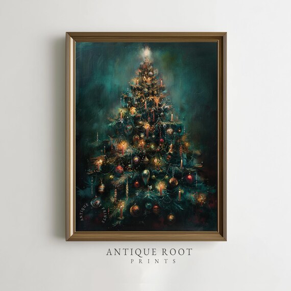 Christmas Tree Vintage Painting Festive Holiday Decor Moody Candlelit Wall Art Cozy