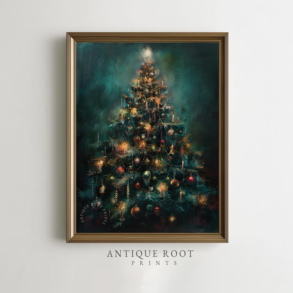 Moody Christmas Tree Candle Glow Vintage Oil Painting Wall Art