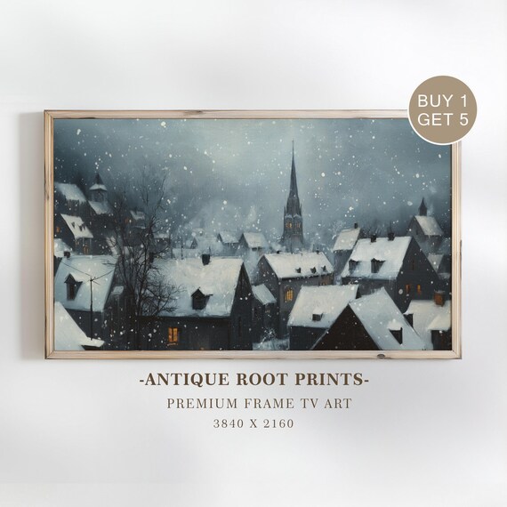 Moody Snowy Village Frame Tv Art Vintage Church Steeple Impressionist Painting Cozy Winter Decor For 69