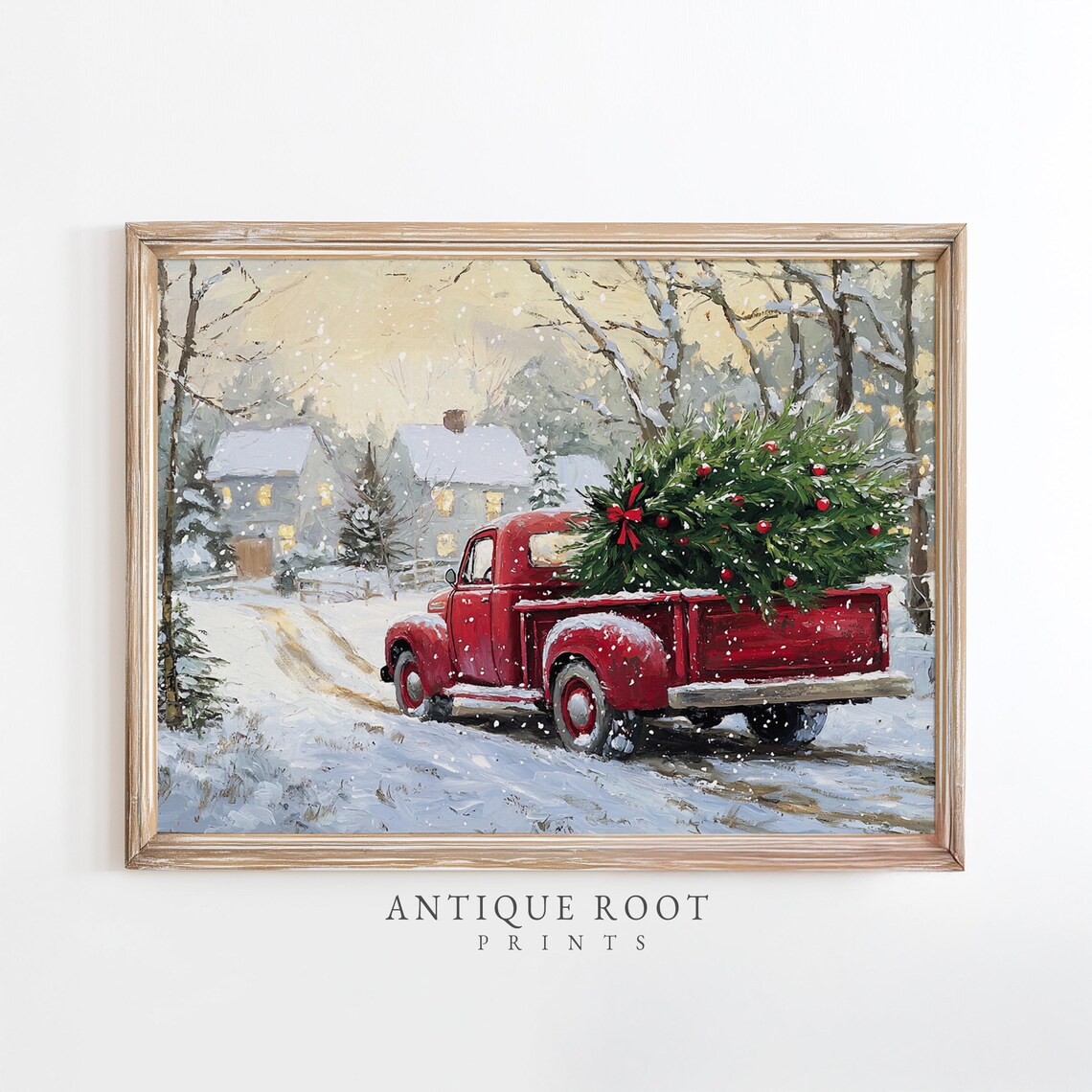 Vintage Red Pickup Truck Hauling Christmas Tree Snowy Winter Poster