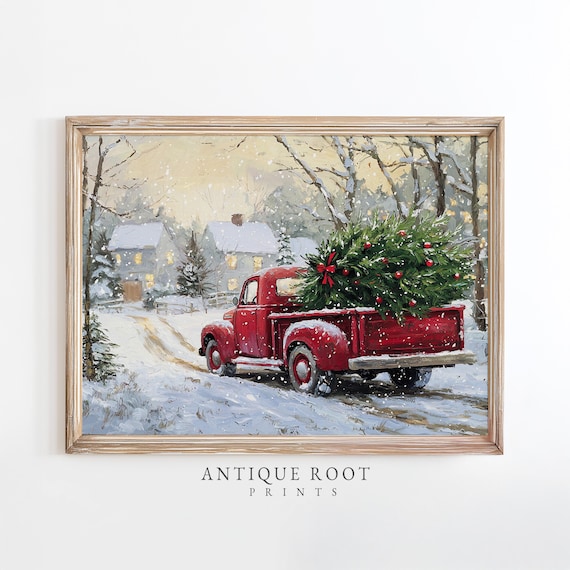 Vintage Red Pickup Truck Hauling Christmas Tree Snowy Winter Poster