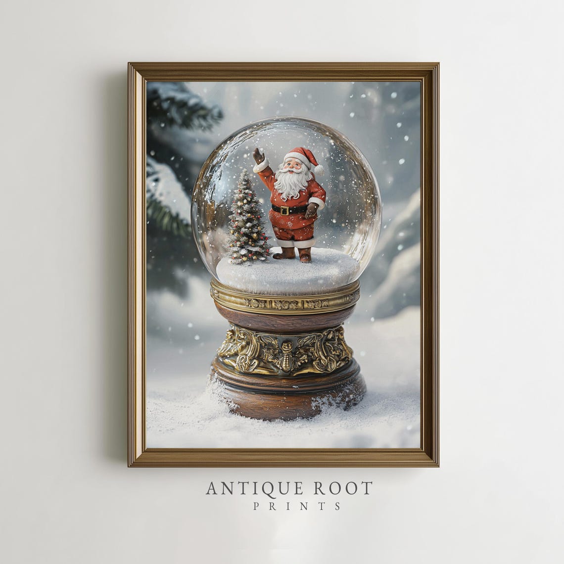 Santa Claus Snow Globe Vintage Christmas Tree Cozy Holiday Print