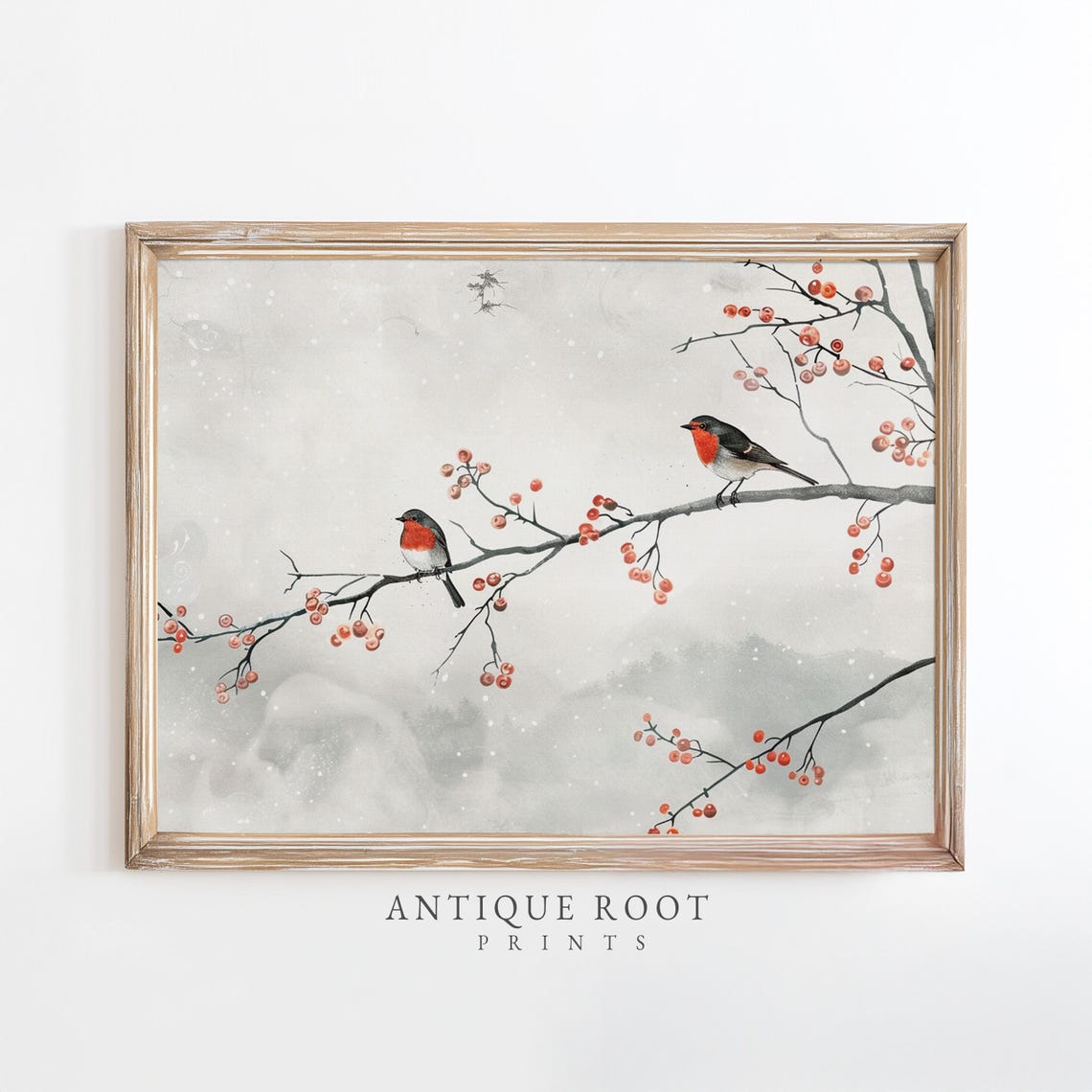 Winter Birds Wall Art Minimalist Watercolor Painting Calm Decor Neutral With Red Berries Instant 151