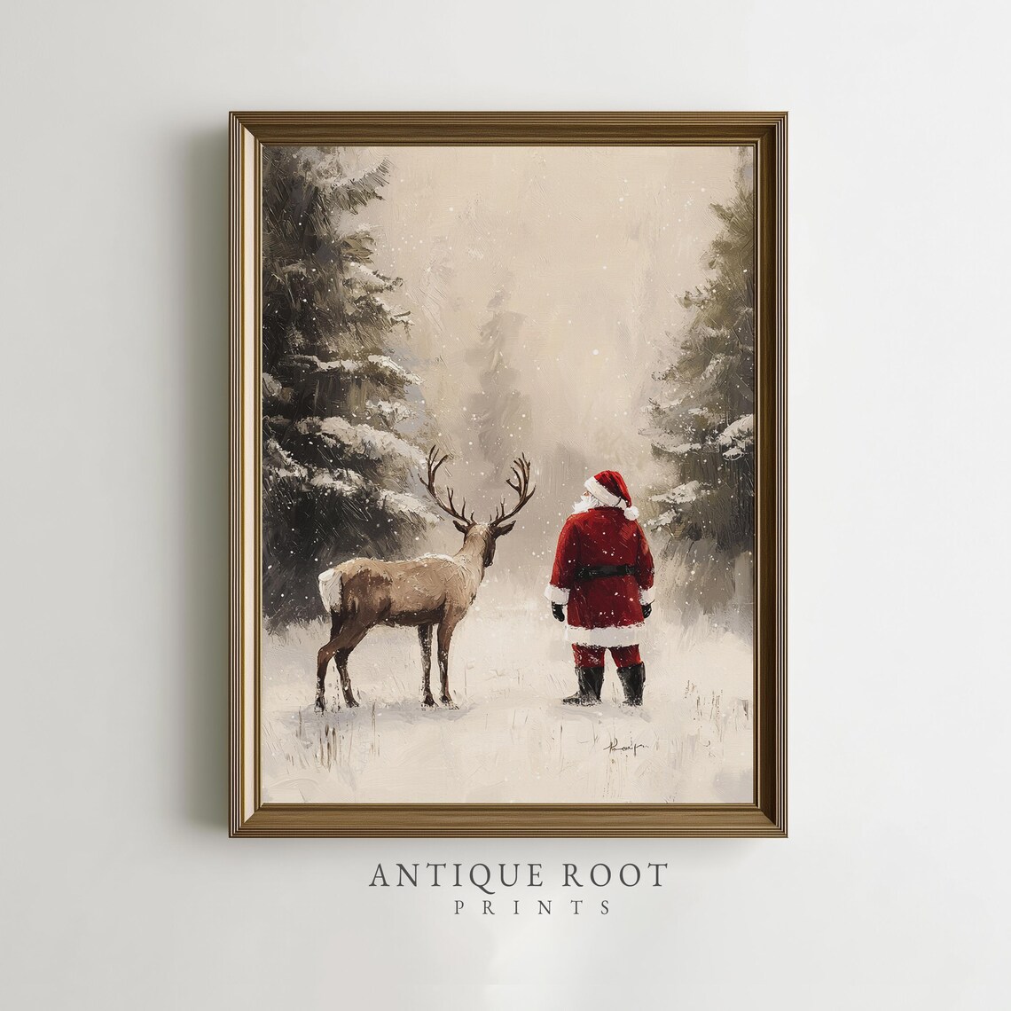 Santa With Reindeer in Snow Vintage Christmas Painting Wall Art