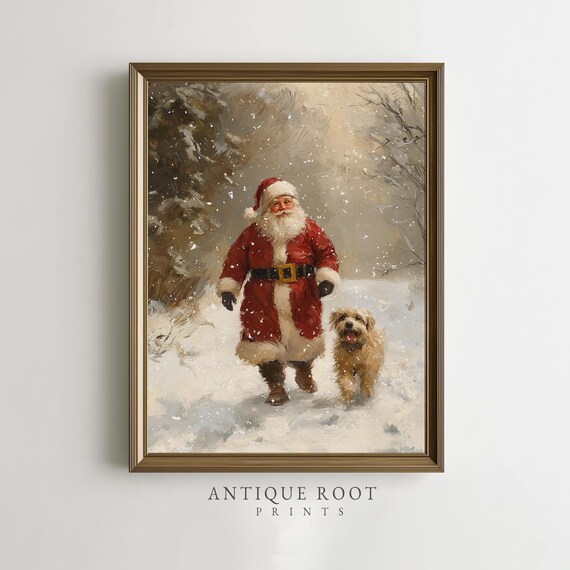 Santa Claus Walking With Dog Through Snowy Winter Landscape Poster