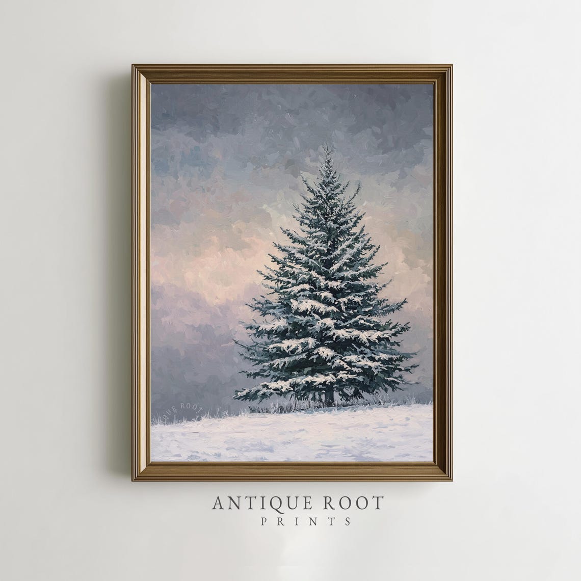 Lone Snowy Evergreen Tree in Rustic Farmhouse Winter Wall Art