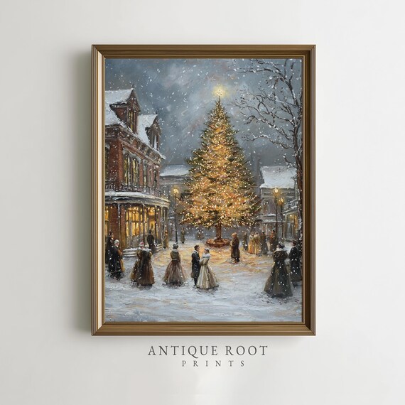Victorian Christmas Tree Town Square Snowfall Vintage Holiday Print