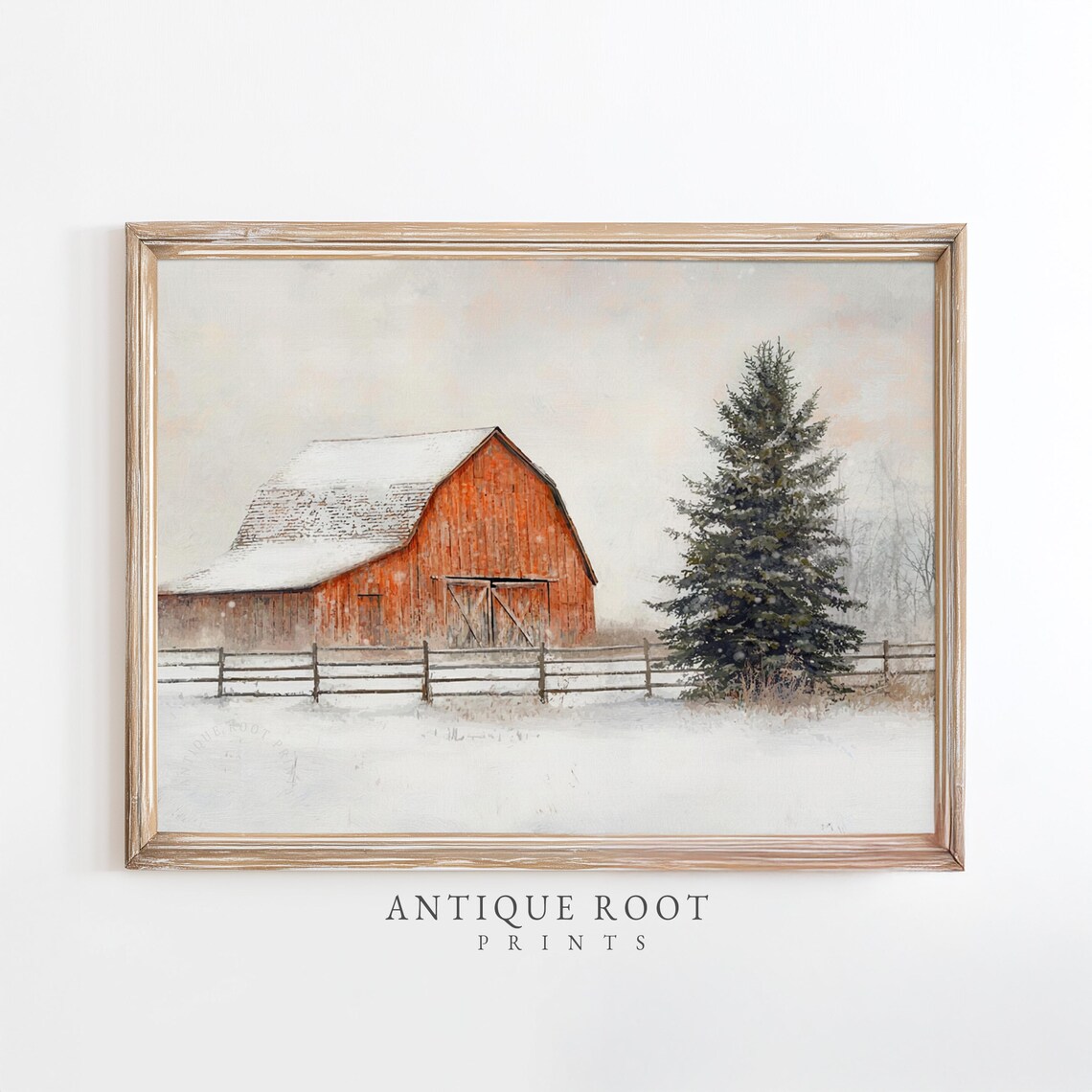 Red Barn in Snow Winter Farm Oil Painting Christmas Wall Art