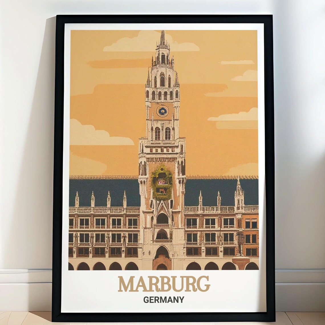 Marburg Old Town Hall Ornate Clock Tower Golden Sunset Travel Poster