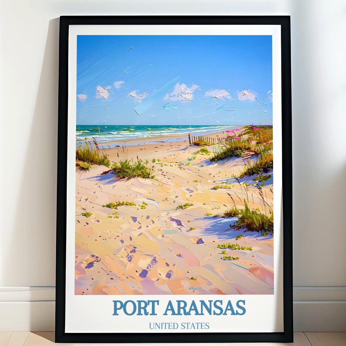 Port Aransas Poster with Sunny Beach Dunes and Rolling Ocean Waves