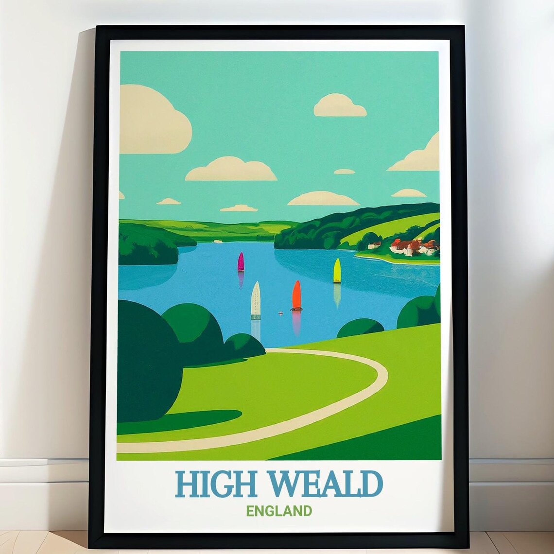 High Weald England Lake Sailboats Rolling Green Hills Travel Poster