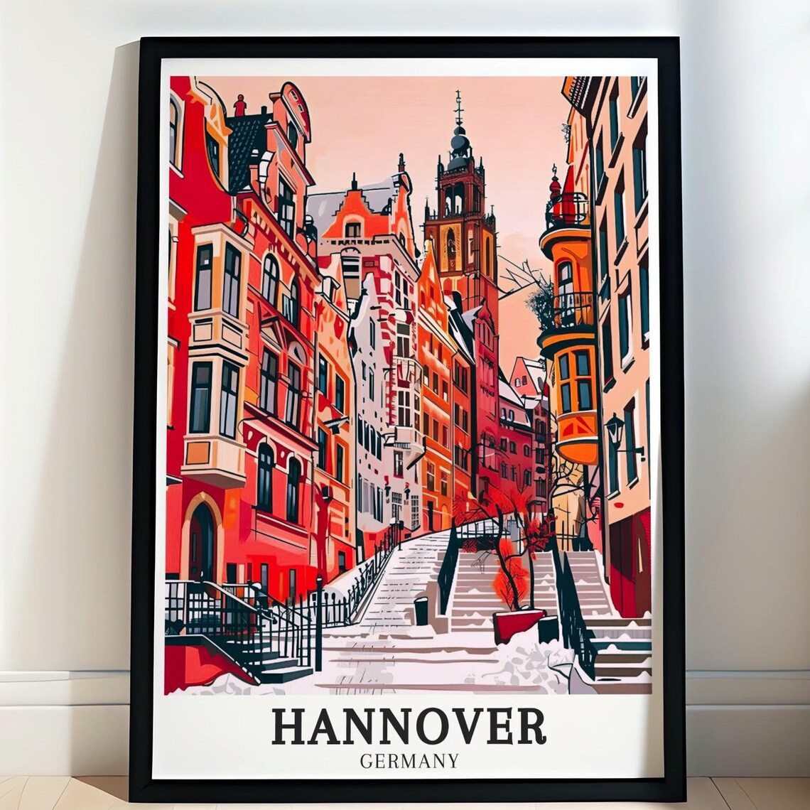 Hannover Germany Old Town Winter Street Snow Covered Steps Art Poster