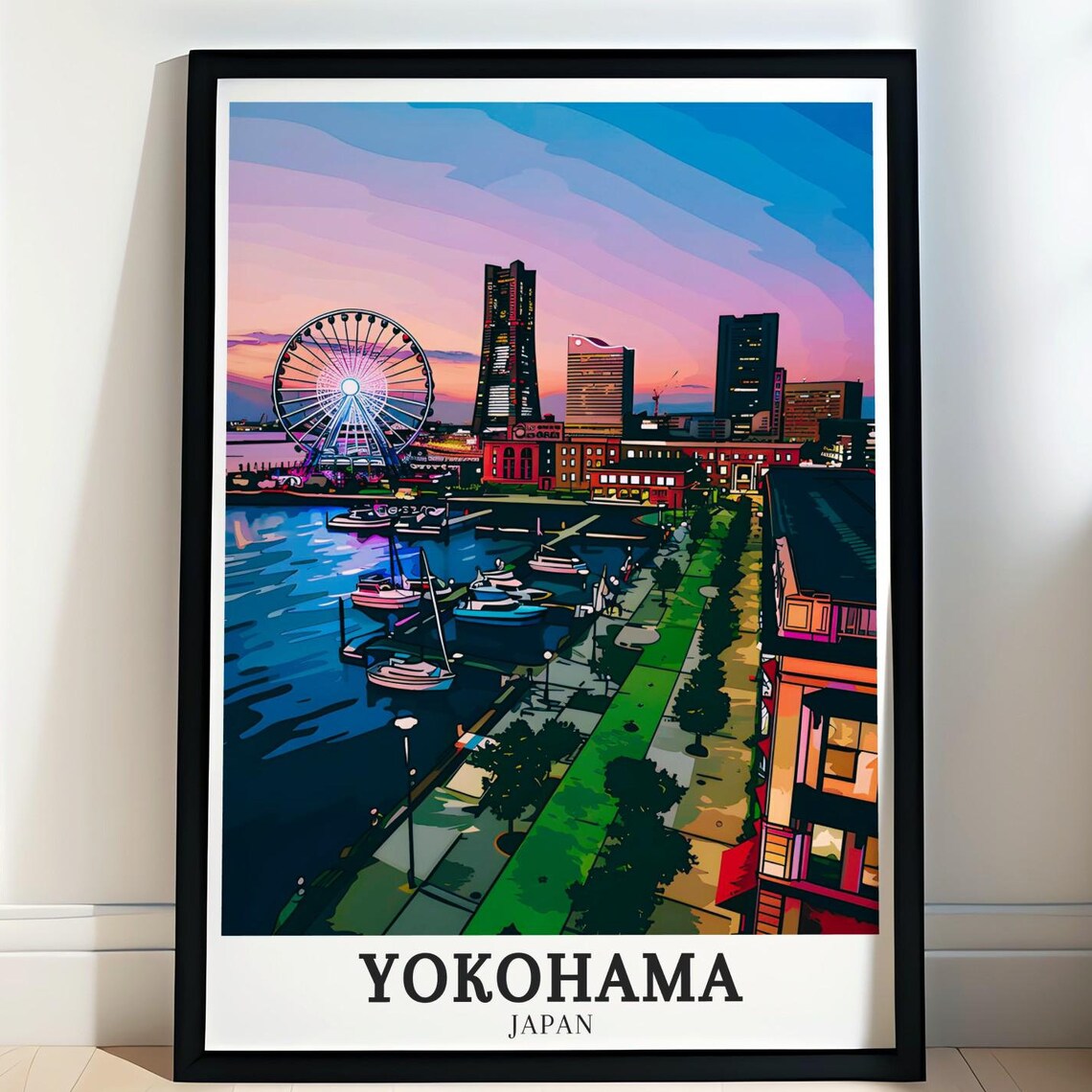 Yokohama Japan Harbor Ferris Wheel Skyline Night Travel Poster