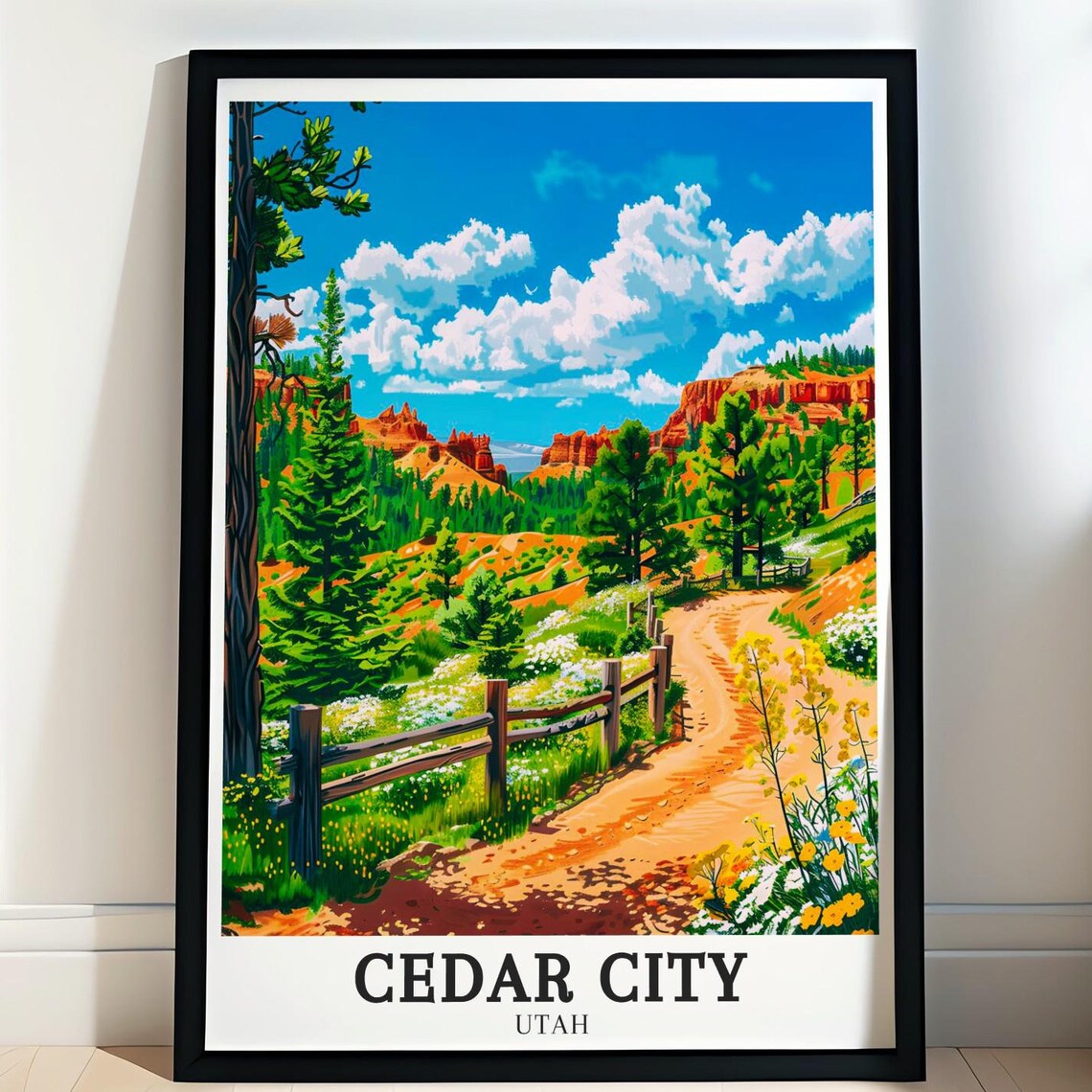 Cedar City Utah Poster Red Rock Trail with Wooden Fence and Pine Trees