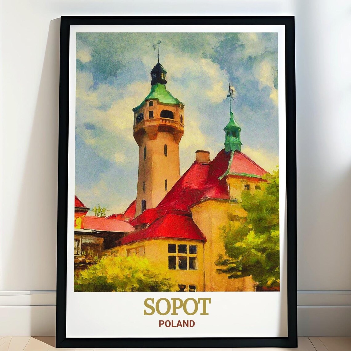 Sopot Poland Lighthouse Poster with Red Roofs in Watercolor Style