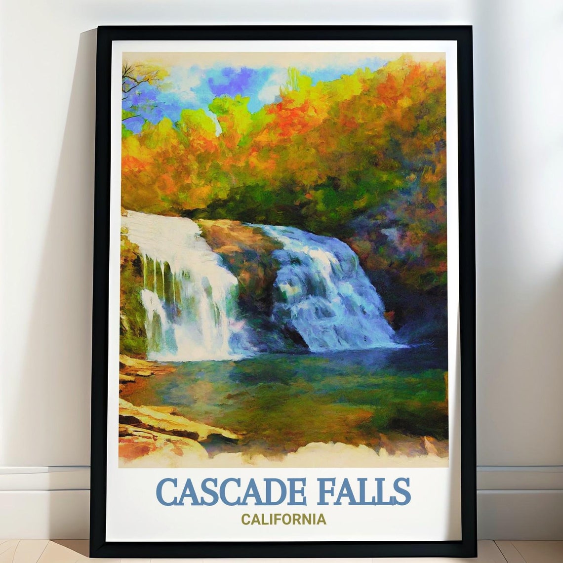 Cascade Falls California Poster Waterfall Cascading Through Forest Art
