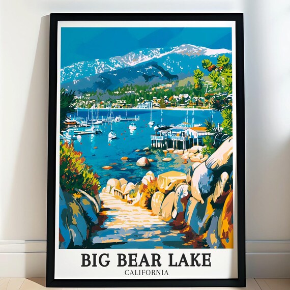 Big Bear Lake California Marina Sailboats Rocky Shore Steps Art Poster