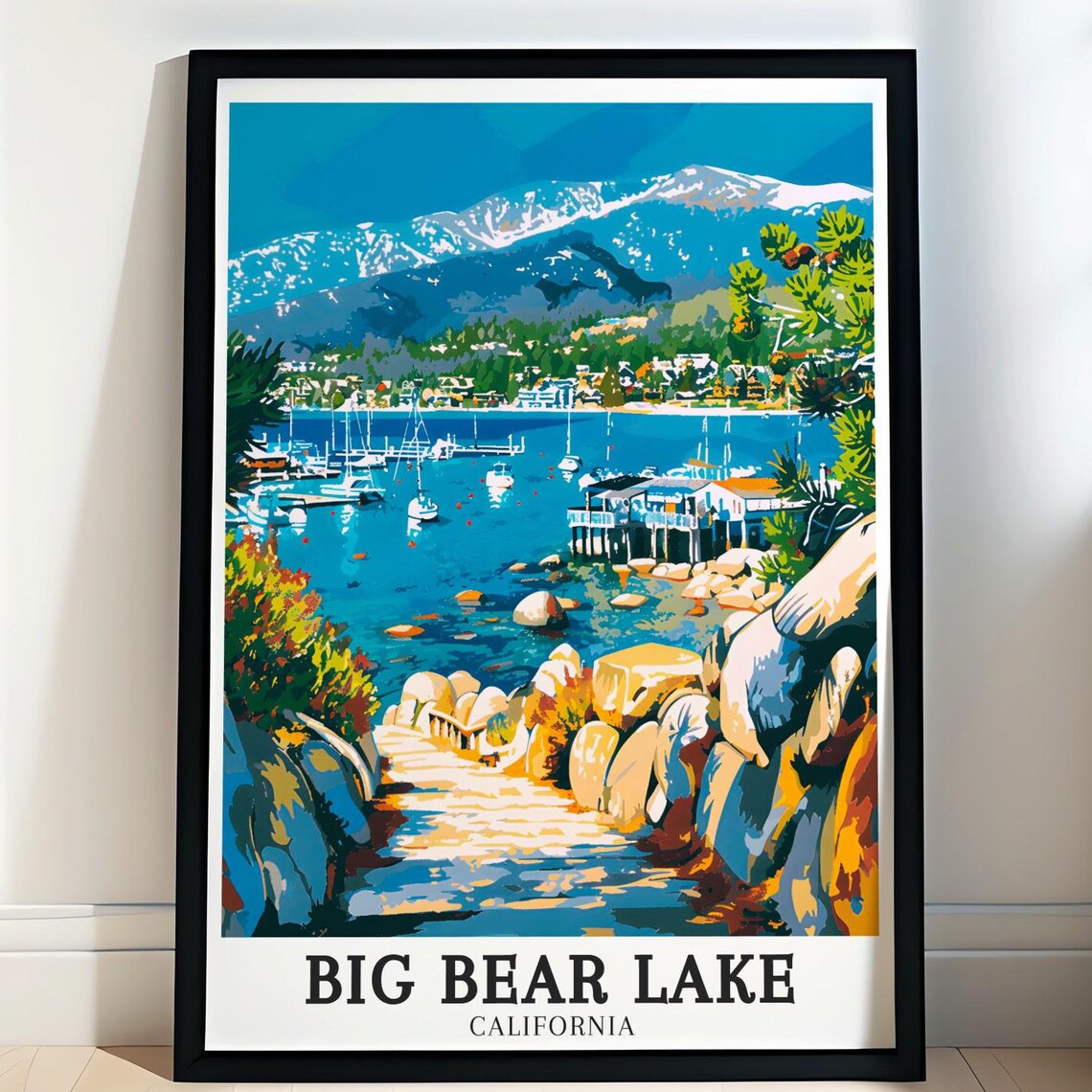 Big Bear Lake California Marina Sailboats Rocky Shore Steps Art Poster