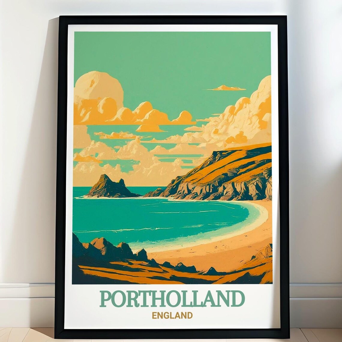 Portholland England Poster with Rocky Cove and Island Sunset