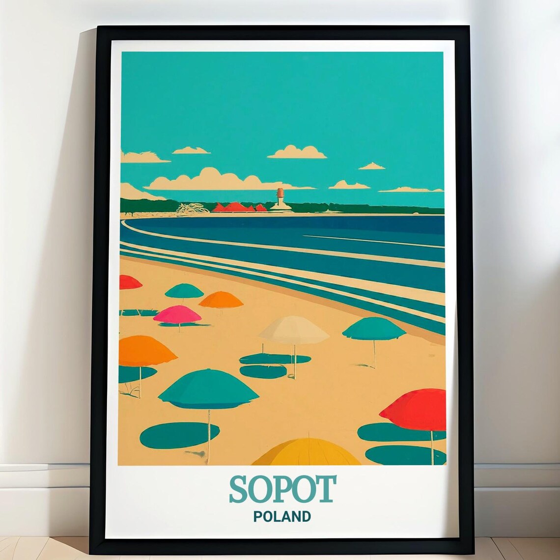 Sopot Poland Beach Poster with Umbrellas and Pier Retro Graphic Style