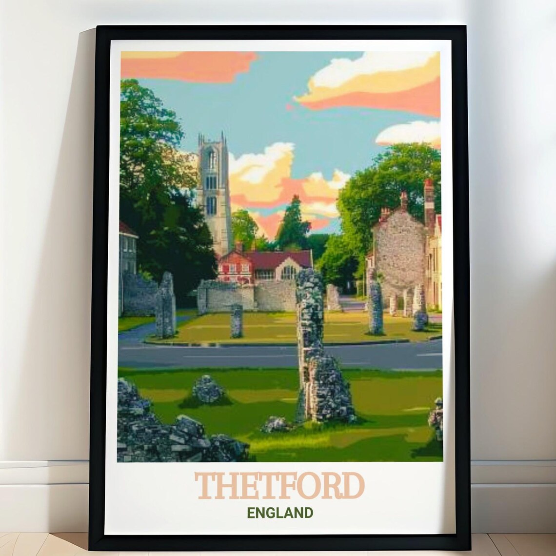 Thetford Priory Ancient Stone Ruins England Vintage Travel Poster