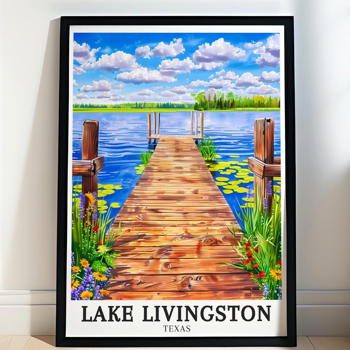Lake Livingston Texas Wooden Dock Wildflowers Lakeside View Poster