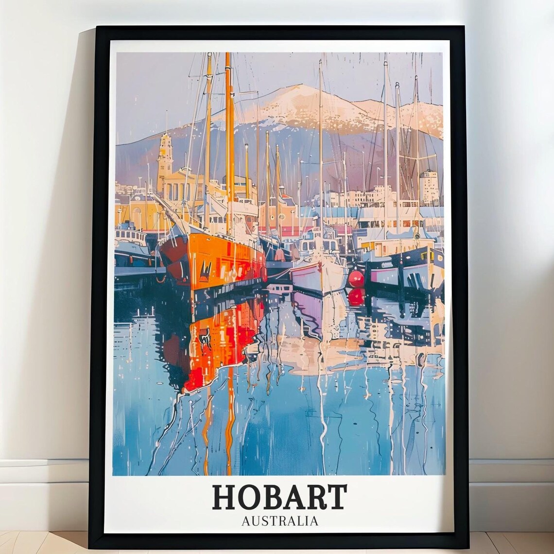 Hobart Australia Waterfront Marina Sailboats Scene Travel Poster