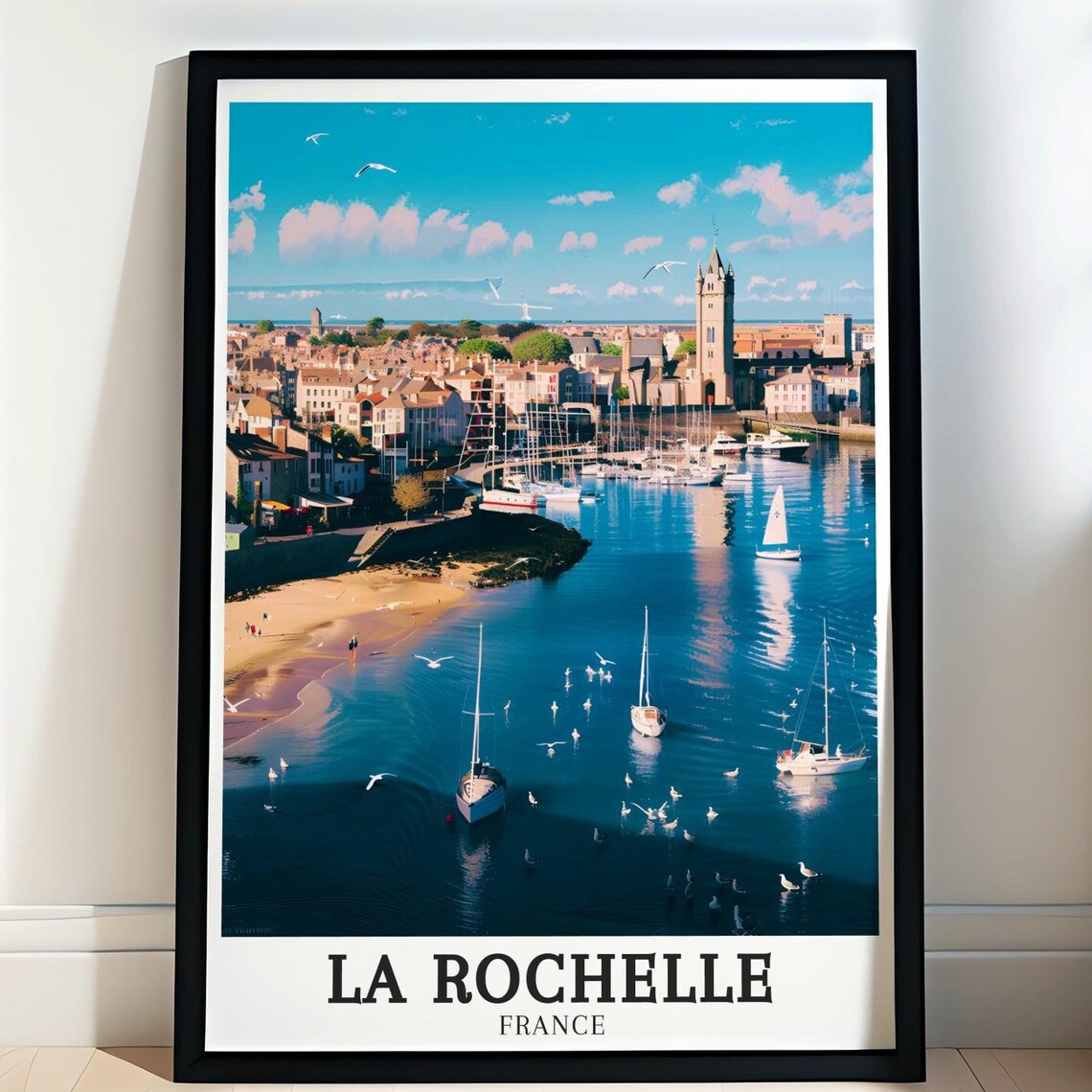 La Rochelle France Aerial Harbor Beach Sailboats Travel Poster