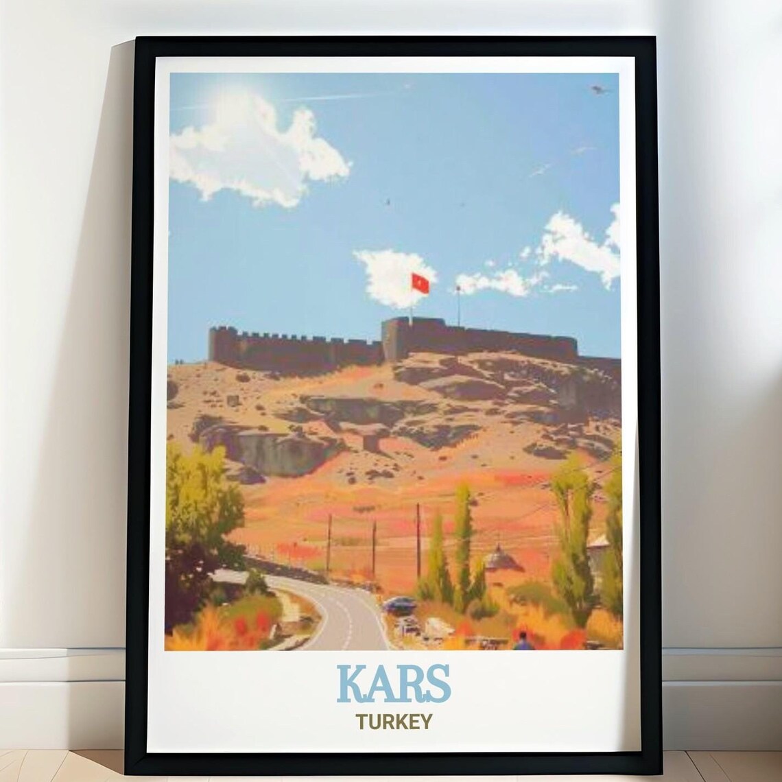 Kars Turkey Castle Hilltop Fortress Turkish Flag Historic Poster