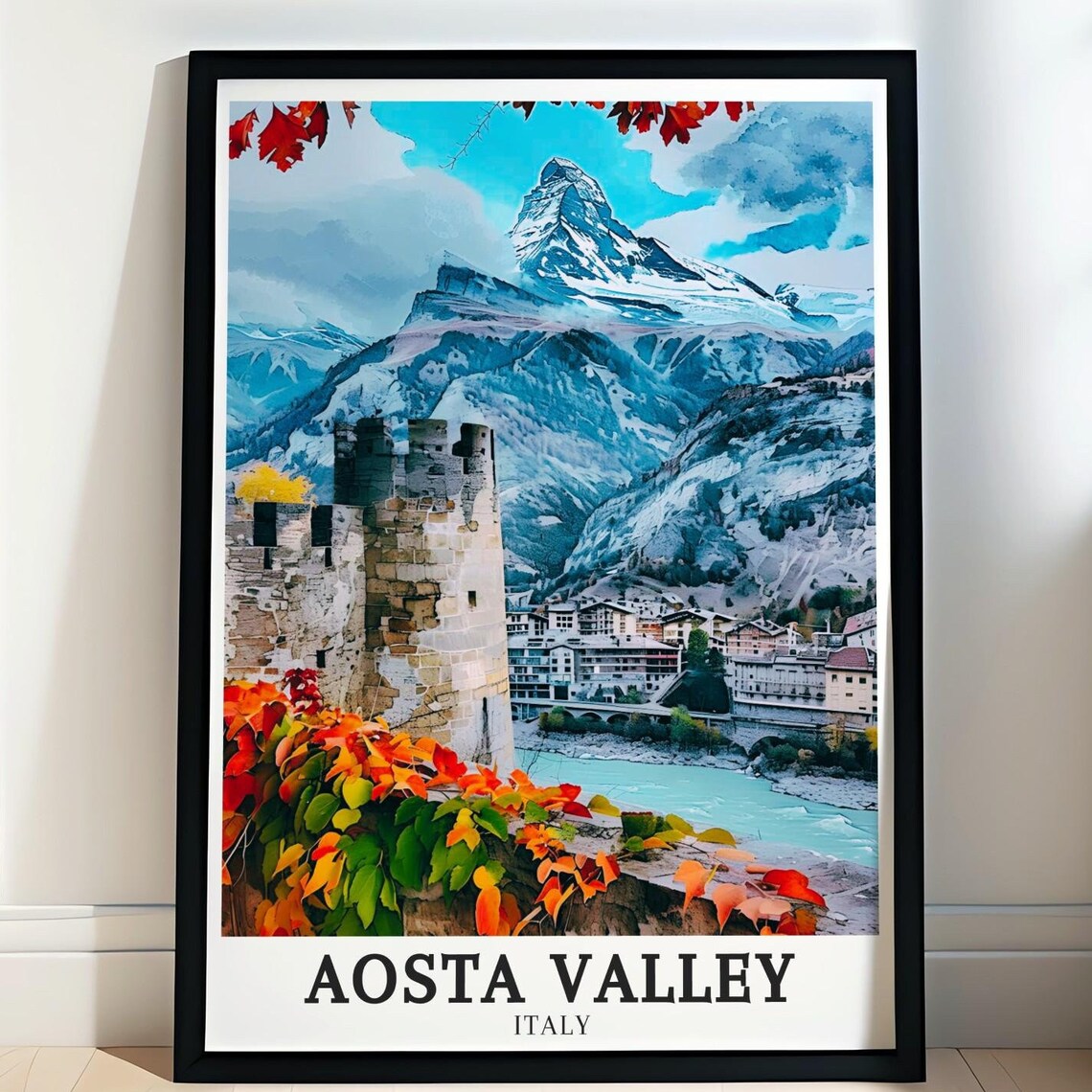 Aosta Valley Italy Autumn Castle Village Alpine Peak Travel Poster