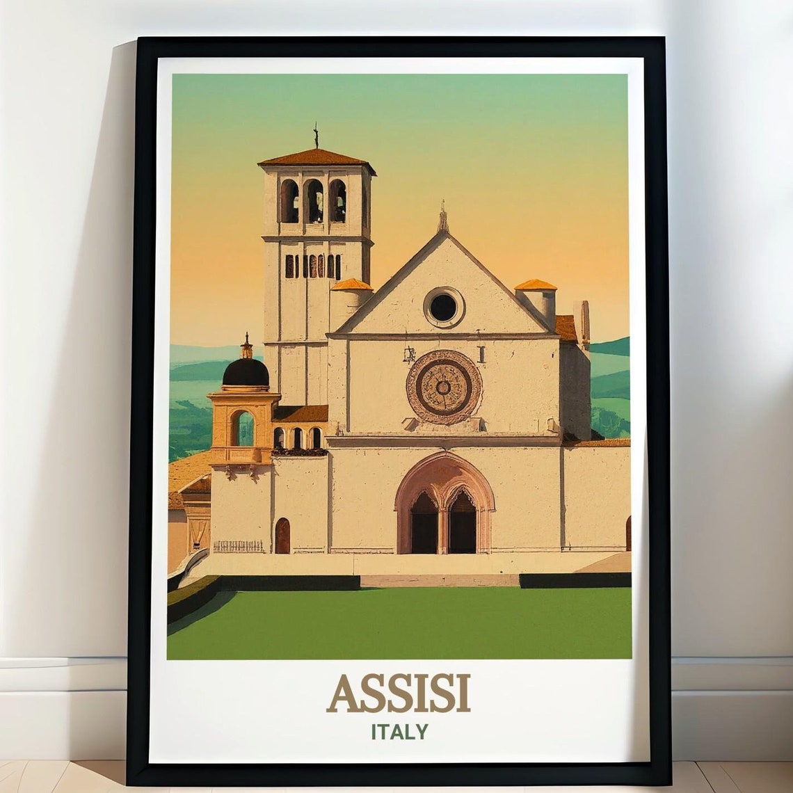 Assisi Italy Basilica Saint Francis Sunset Facade Travel Poster