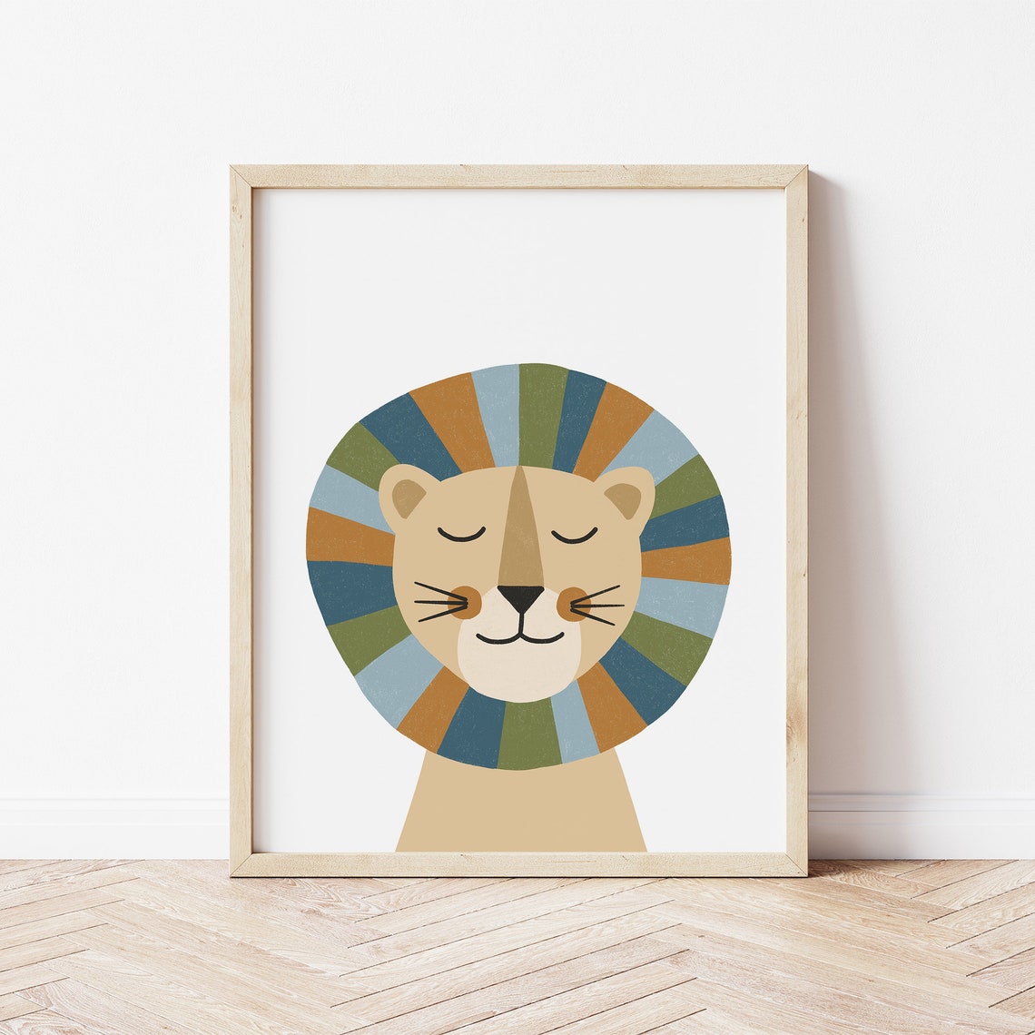 Cute Boho Lion Face Rainbow Striped Mane Safari Nursery Wall Art