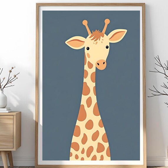 Cute Cartoon Giraffe Nursery Poster on Deep Navy Blue Background