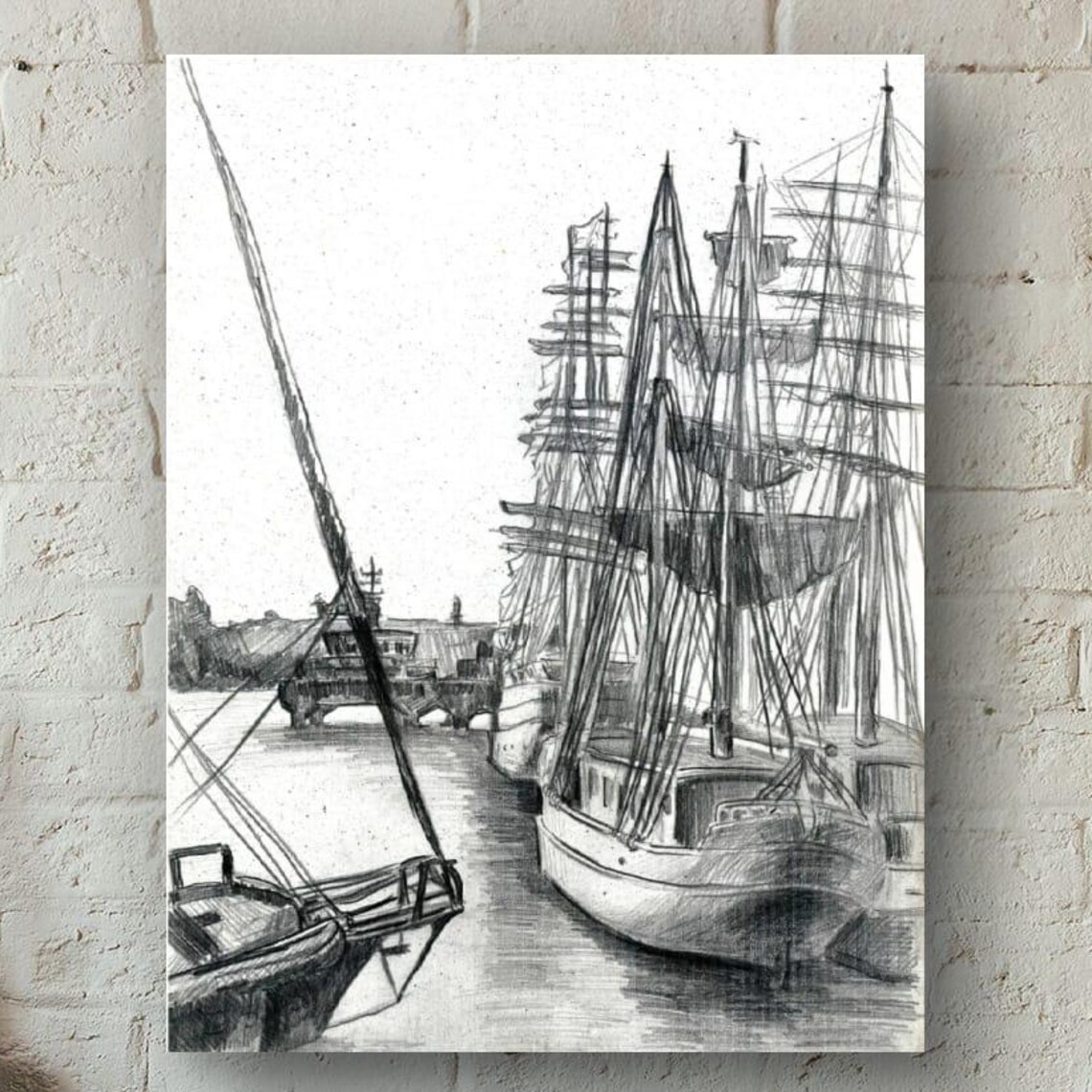 Tall Ship Harbor Pencil Sketch Nautical Sailboat Print Vintage Drawing
