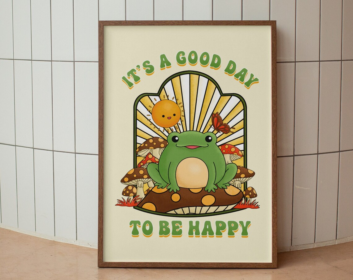 It's a Good Day to Be Happy Cute Green Frog Mushroom Retro Poster - Image 5