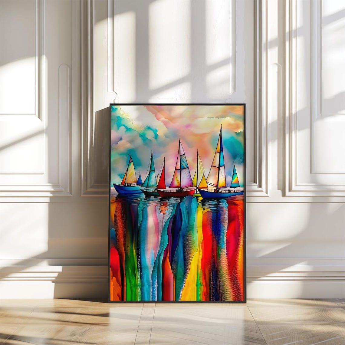 Colorful Sailboats With Rainbow Reflections Abstract Art Poster - Image 3