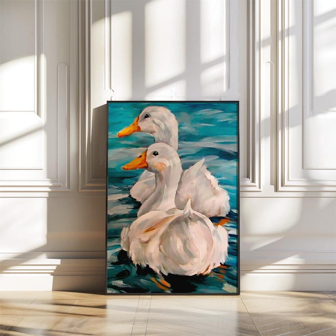 Two White Ducks Swimming in Teal Water Expressive Oil Painting Poster - Image 2