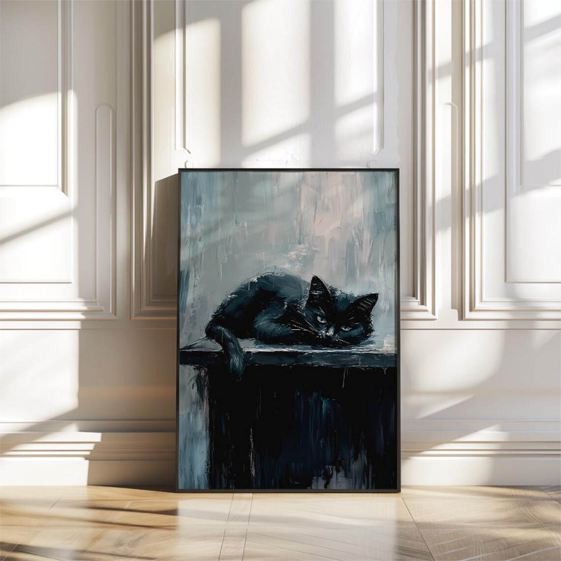 Sleeping Black Cat on Wooden Table Moody Oil Painting Poster - Image 2