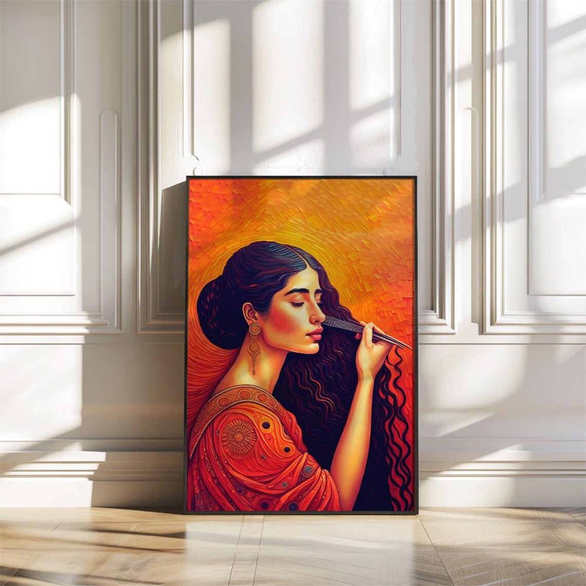 Woman Combing Long Dark Hair Warm Bohemian Portrait Art Poster - Image 3