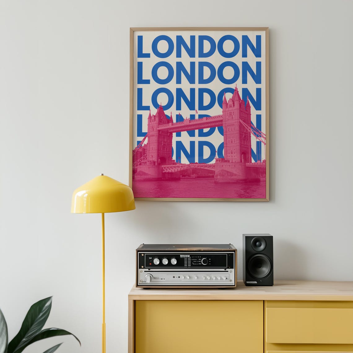 London England Pink Tower Bridge Blue Typography Travel Poster