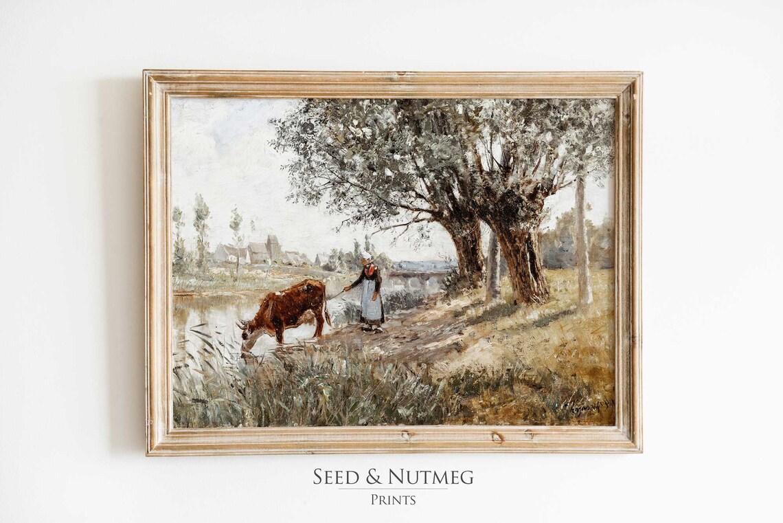 Woman With Cow By The River Vintage Farmhouse Painting Poster