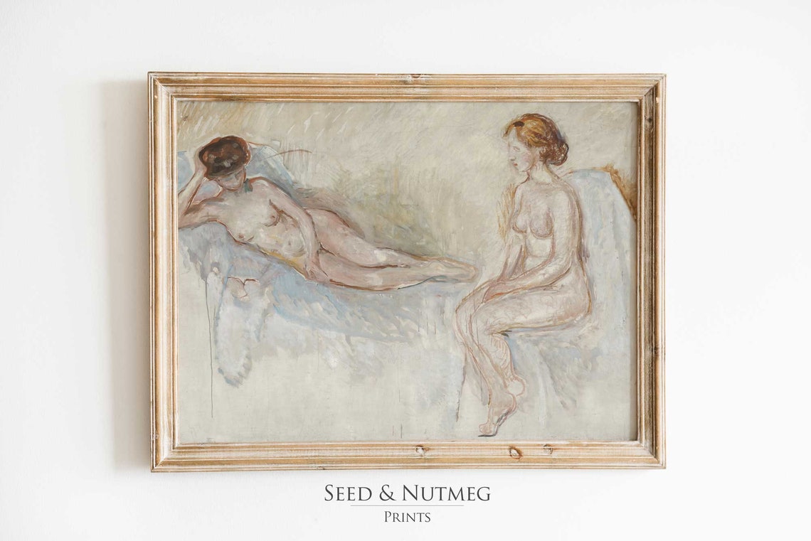 Two Nude Women Soft Pastel Impressionist Reclining Figures Art Print