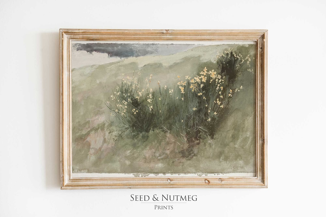 Wildflower Meadow Green Hillside Soft Watercolor Landscape Art Print