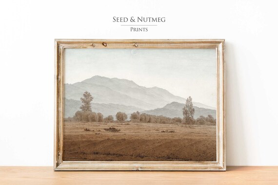 Neutral Mountain Painting Field Vista Vintage Wall Art Print Muted French Country Art Wall Art 31