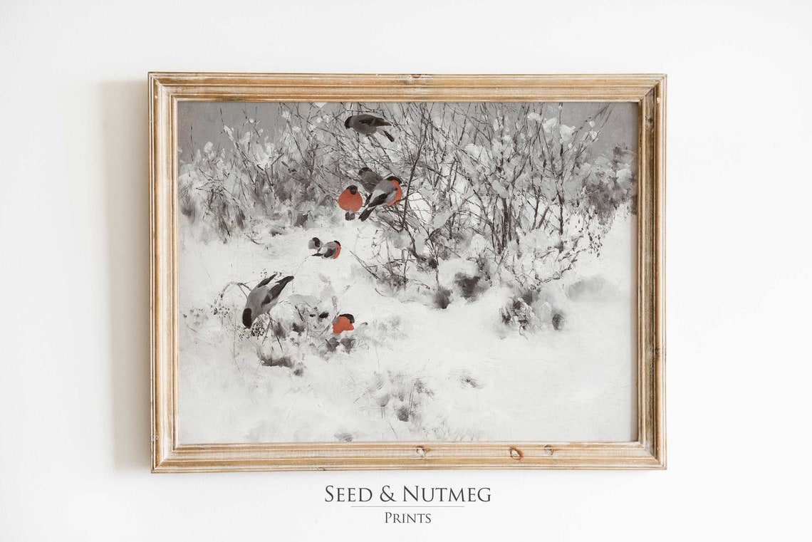 Red Winter Birds Vintage Print Country Farmhouse Vintage Wall Art Oil Painting Print Christmas Holiday Decor 10