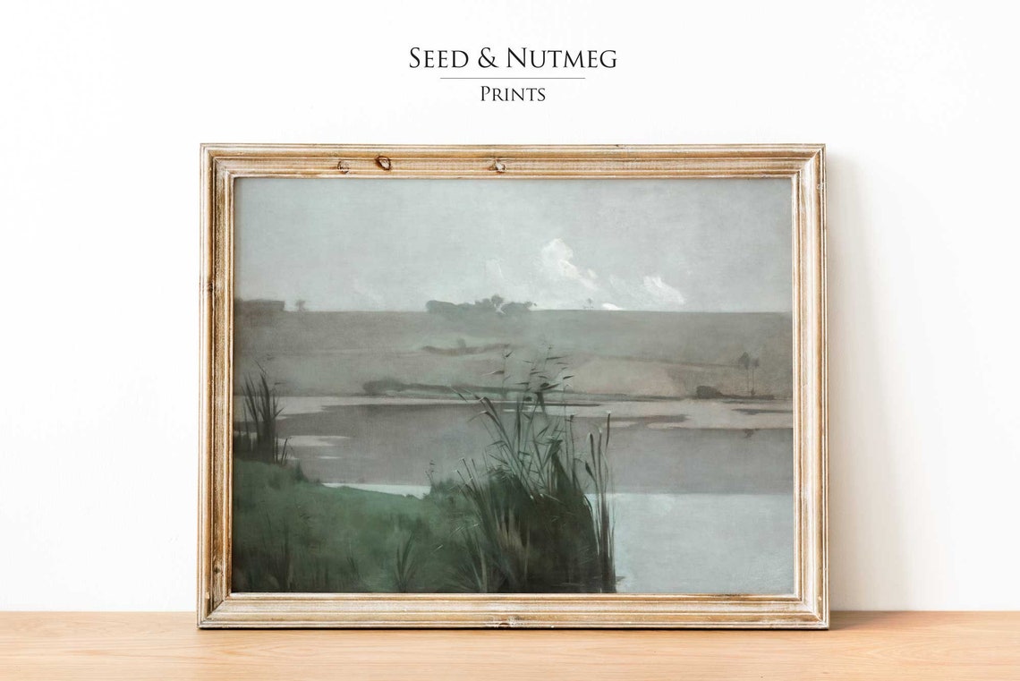 Misty Marsh Reeds Lake Vintage Muted Neutral Landscape Poster