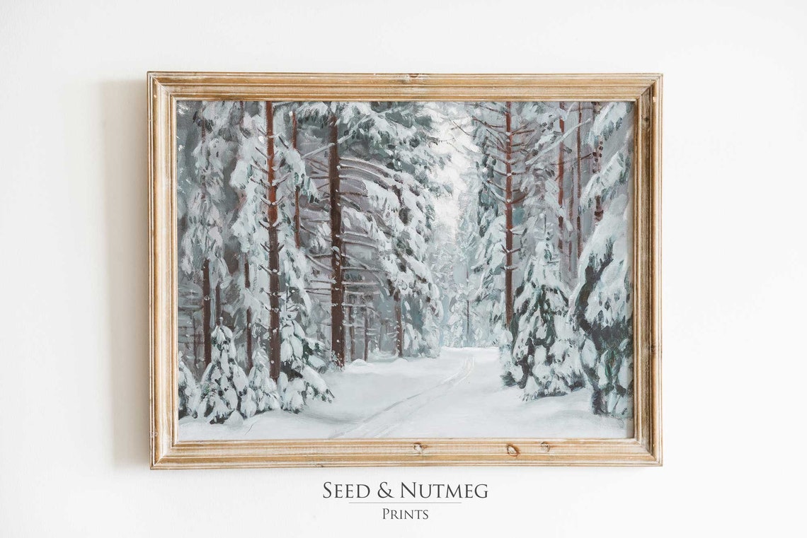 Snowy Pine Forest Path Winter Woods Vintage Holiday Landscape Poster